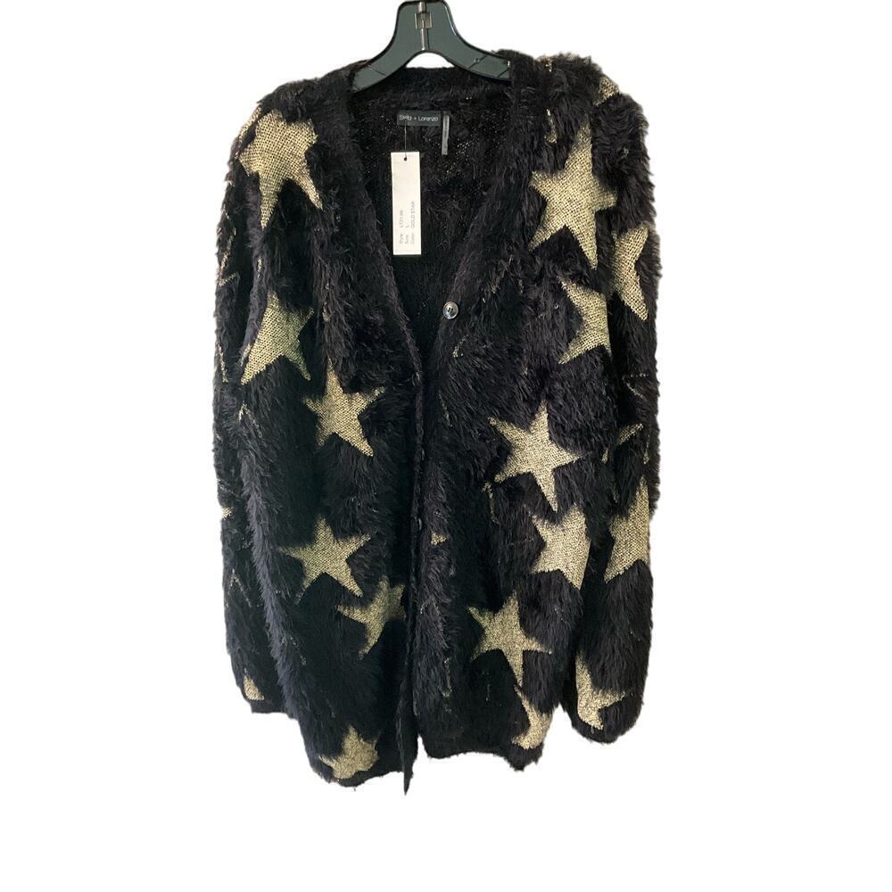 Stella +‎ Lorenzo Jacquard Cardigan Sweater Women's L Black Long Sleeve Faux Fur